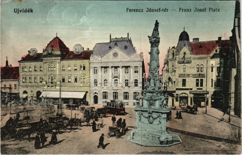 Újvidék, Novi Sad; Ferenc József tér, Szentháromság szobor, villamos, Grand Hotel Mayer szálloda, Első magyar biztosító társaság, Dornstadter Jakab üzlete, sörcsarnok, piac. Natosevic kiadása / square, Trinity statue, hotel, tram,