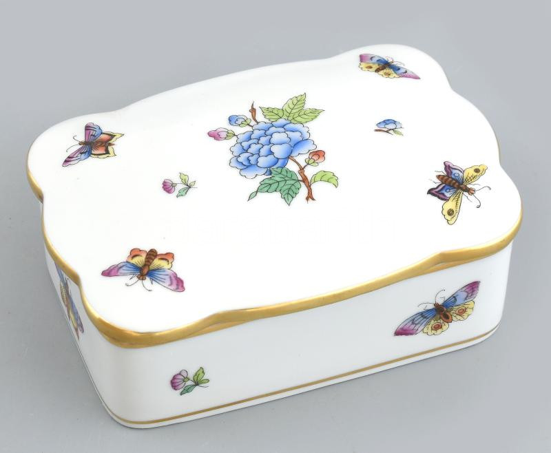 Herendi Viktória mintás dobozka. Kézzel festett, jelzett, hibátlan 14x10 cm