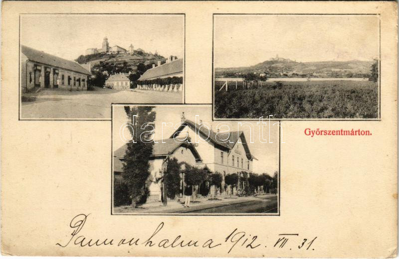 1912 Pannonhalma, Győrszentmárton; Fő utca, Apátság, vasútállomás. Reichenfeld József kiadása (EK)