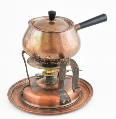 Vörösréz ételmelegítő (fondue készlet, hiányzó villákkal), kopásokkal, m: 23 cm