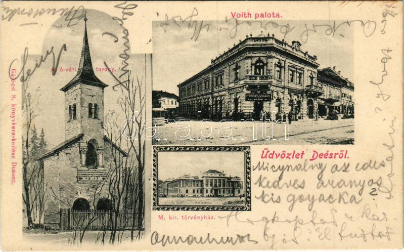 1904 Dés, Dej; Óvári torony, Voith palota, Décsey és Szilágyi üzlete, M. kir. törvényház. Gálócsi S. kiadása / tower, palace, shops, court (Rb)