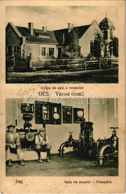 Dés, Dej; Uzina de apa a orasului, Sala de masini, Pompele / Városi vízmű, gépház, belső munkásokkal és szivattyúval. V. Roman kiadása és felvétele / waterworks, water plant, engine room interior with workers and pumps + '1940 Dés