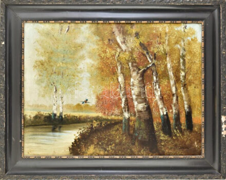 Olvashatatlan jelzéssel, 1920-40 körül: Vízparti táj. Olaj, vászon. Dekoratív, sérült fakeretben, 60×80 cm