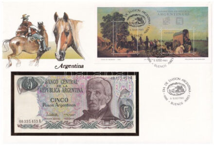 Argentína 1983-1984. 5P felbélyegzett borítékban, bélyegzéssel T:I Argentina 1983-1984. 5 Pesos in envelope with stamp and cancellation C:UNC