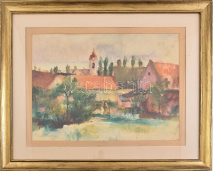 Juhász Erika (1926-2018): Balatonfelvidék. Akvarell, papír, jelzés nélkül. Dekoratív, üvegezett fakeretben, 33×46,5 cm