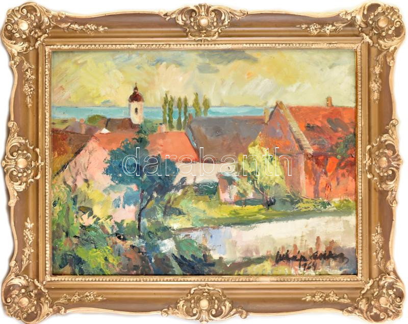 Juhász Erika (1926-2018): Balatonfelvidék, 1964. Olaj, farost, jelzett. Dekoratív fakeretben, 60×80 cm. KIZÁRÓLAG SZEMÉLYES ÁTVÉTEL, NEM POSTÁZZUK! / ONLY PERSONAL COLLECTION AT OUR OFFICE!