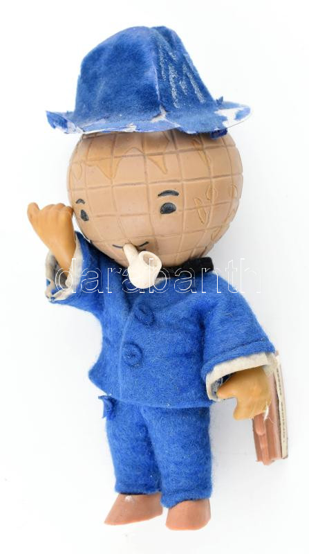 Leipziger Messe (Lipcsei vásár) retró kabalafigura, kaucsuk, filc ruhával, kalapja sérült, m: 16 cm