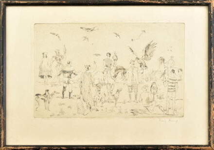 Láng Rudolf (1904-1991). Vadászat. Rézkarc, papír, jelzett, kissé sérült (törésnyomokkal), kissé foltos, üvegezett fakeretben, 19×29,5 cm