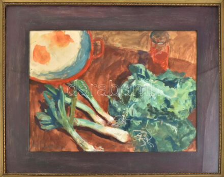 Béres Jenő (1912-1981): Csendélet, 1959. Gouache, papír, jelezve balra lent, üvegezett fakeretben, 28,5×40 cm