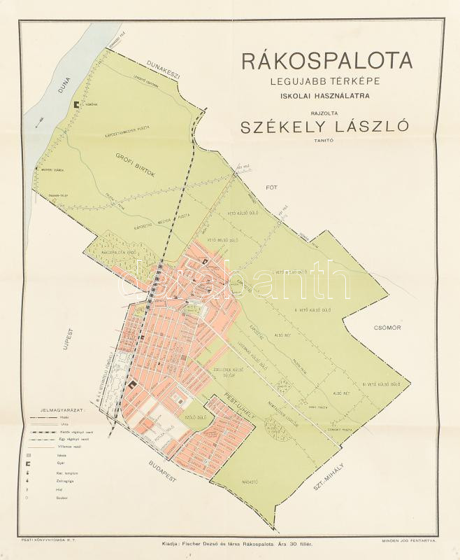 Rákospalota legújabb térképe iskolai használatra, rajzolta: Székely László, rajzszeg okozta sérülésekkel, 47×,38 cm