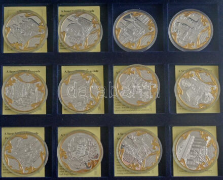 DN 'A Szent Korona évezrede' 24 darabos aranyozott és ezüstözött Cu emlékérem sorozat kapszulában, kivehető tálcán, leírásokkal, mahagóni fa éremtartóban (40mm) T:PP