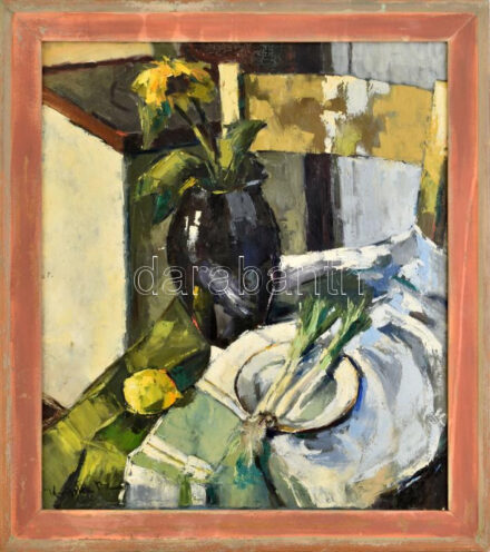 Olvashatatlan jelzéssel, XX. sz. második fele: Csendélet. Olaj, vászon. Dekoratív fakeretben, 69,5×61 cm