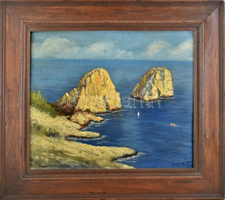 Vasvári Wertheimer Sándor (?-?): Vitorlások (Capri). Olaj, falemez, jelzett, 49x58 cm. Dekoratív, kissé sérült fakeretben.