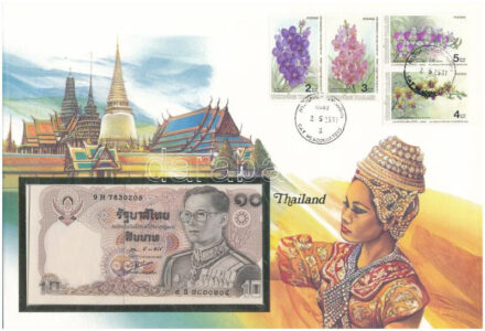 Thaiföld 1980. 10B felbélyegzett borítékban, bélyegzéssel T:I Thailand 1980. 10 Baht in envelope with stamp and cancellation C:UNC
