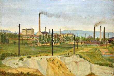 Nolipa István Pál (1907-1986): Kilátás a Tatár-dombról (Miskolc, Diósgyőr), 1953. Olaj, karton. Jelezve jobbra lent, hátoldalán Műcsarnok kiállítási raglappal és autográf felirattal. Kissé sérült és hullámos. 60x90 cm