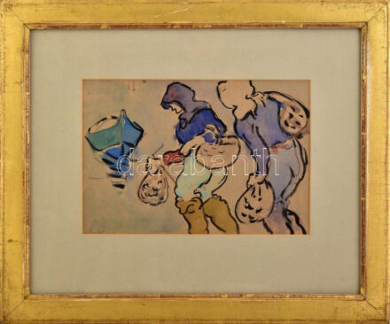 Jelzés nélkül: Vízparti sürgés. Akvarell, papír. Üvegezett, dekoratív, kissé sérült fakeretben. 20x30 cm
