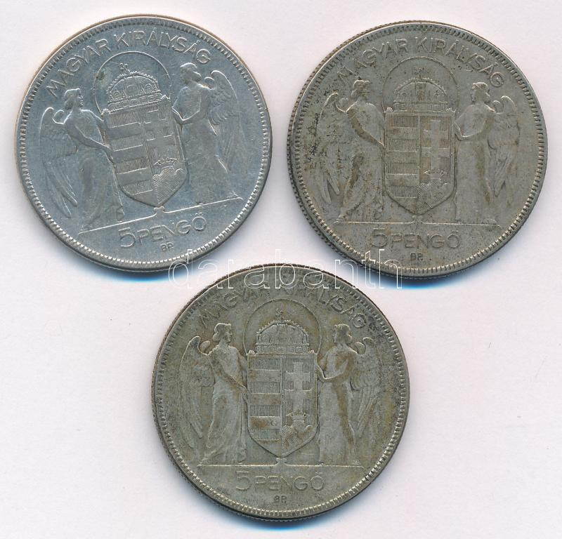 1930. 5P Ag 'Horthy jobbra' (3x) T:3 patina Adamo P8 - Image 2