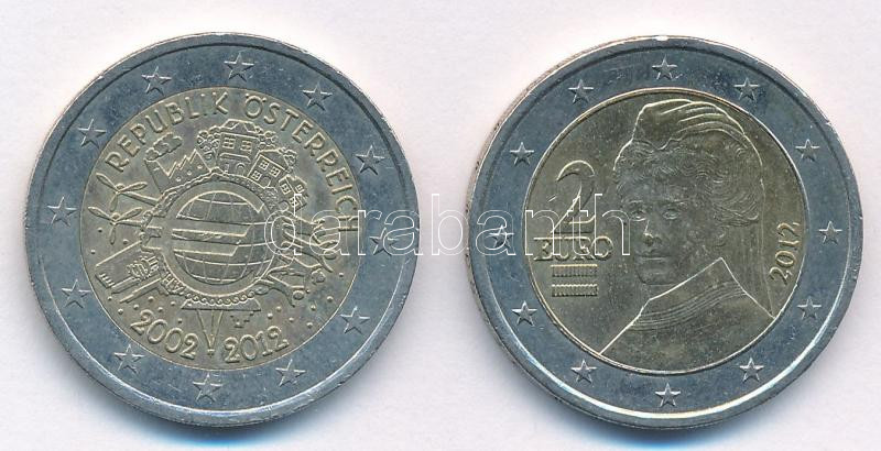 Ausztria 2012. 2E 'Osztrák Köztársaság 2002-2012' + 'Berta von Suttner' forgalmi emlékkiadások (2xklf) T:1- Austria 2012. 2 Euro 'Republic Österreich 2002-2012' + 'Berta von Suttner' circulating commemorative issues (2xdiff) C:AU