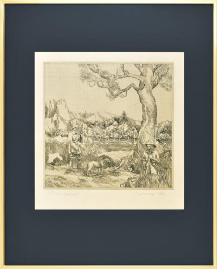 Badacsonyi Sándor (1949-2016): Vadászat, rézkarc, papír, jelzett, számozott (75/100), üvegezett keretben, 29,5×29,5 cm