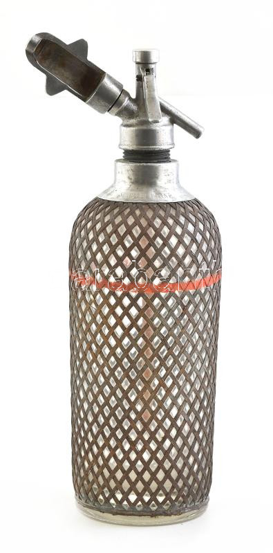 1929 Sparklet Patent Auto-Syphon szódásüveg, fém szövéssel borítva, m: 36,5 cm