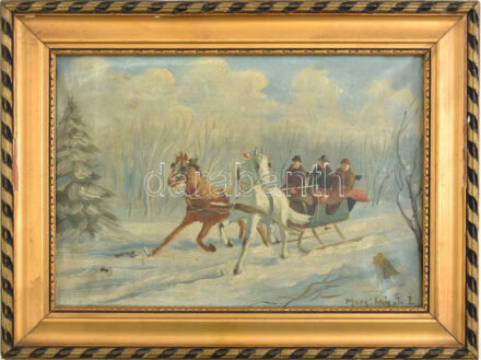 Marnit... jelzéssel: Téli kirándulás szánon. Olaj, vászon, Keretben. 35x25 cm