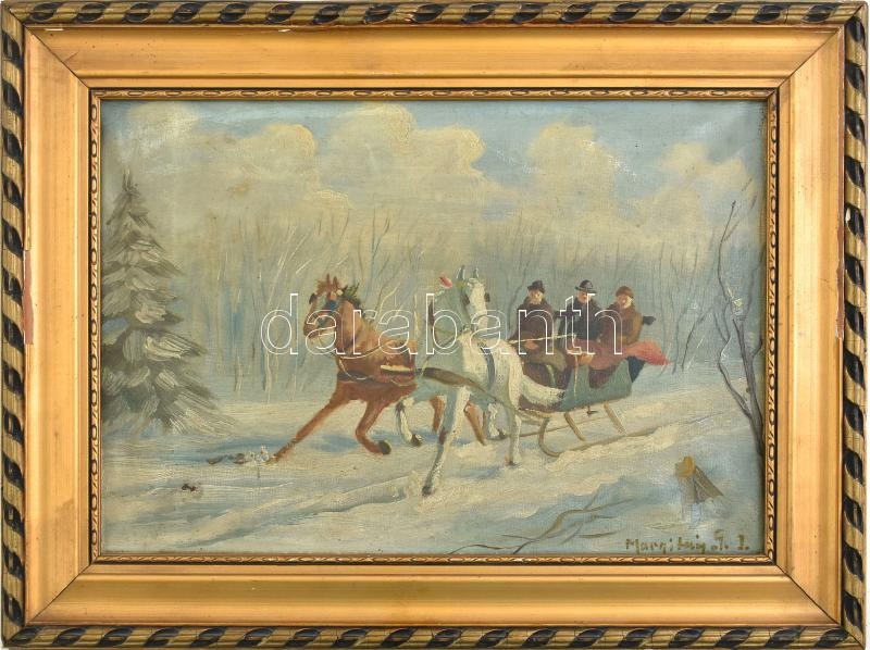 Marnit... jelzéssel: Téli kirándulás szánon. Olaj, vászon, Keretben. 35x25 cm