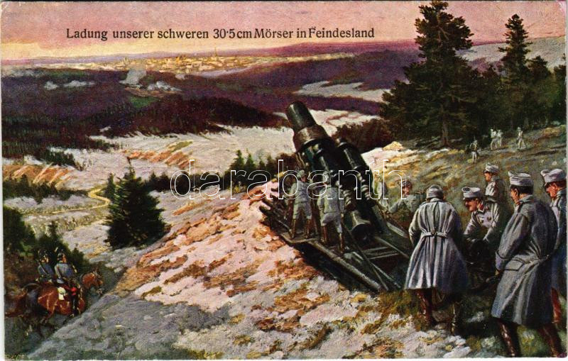 Ladung unserer schweren 30.5 cm Mrser in Feindesland / WWI Austro-Hungarian K.u.K. military art postcard, mortar cannon