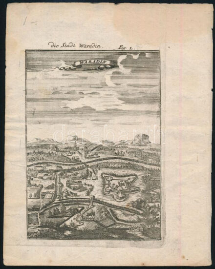 Nagyvárad (Waradin) látképe. Rézmetszet, papír, jelzés nélkül, Alain Manesson Mallet (1630-1706) Description de L'Univers (1683) c. művéből. Kissé foltos, lapszéli egészen apró sérülésekkel. 16x11 cm / View of Oradea, engraving on