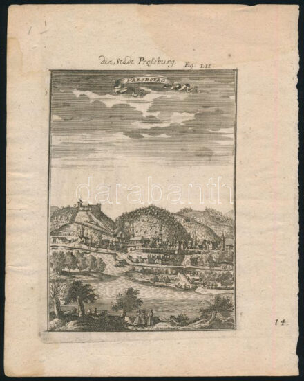 Pozsony (Pressburg) látképe. Rézmetszet, papír, jelzés nélkül, Alain Manesson Mallet (1630-1706) Description de L'Univers (1683) c. művéből. Kissé foltos, lapszéli egészen apró sérülésekkel. 16x11 cm / View of Bratislava, engraving
