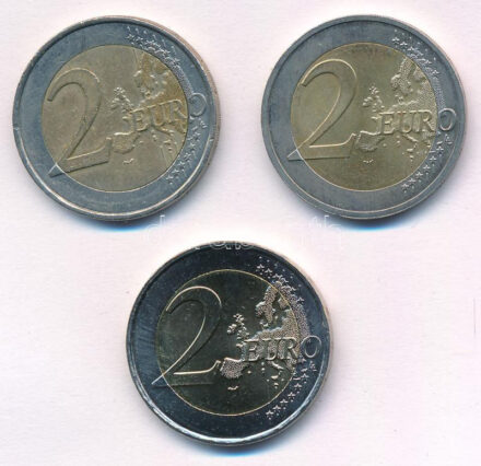 Franciaország 2008-2014. 2E 3xklf forgalmi emlékkiadás T:1-,2 patina France 2008-2014. 2 Euro 3xdiff circulating commemorative issues C:AU,XF patina