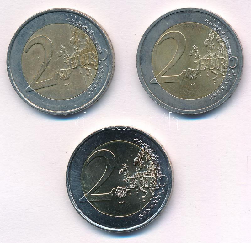 Franciaország 2008-2014. 2E 3xklf forgalmi emlékkiadás T:1-,2 patina France 2008-2014. 2 Euro 3xdiff circulating commemorative issues C:AU,XF patina