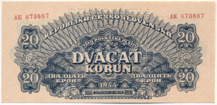 Csehszlovákia 1944. 20K 'AK 673887', 'SPECIMEN (MINTA)' perforációval T:I Czechoslovakia 1944. 20 Korun 'AK 673887', with 'SPECIMEN' perforation C:UNC Krause P#47s