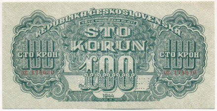 Csehszlovákia 1944. 100K 'OE 174680', 'SPECIMEN (MINTA)' perforációval T:II Czechoslovakia 1944. 100 Korun 'OE 174680', with 'SPECIMEN' perforation C:XF Krause P#48s