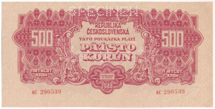 Csehszlovákia 1944. 500K 'AC 290539', 'SPECIMEN (MINTA)' perforációval T:I- kis sarokhajlás Czechoslovakia 1944. 500 Korun 'AC 290539', with 'SPECIMEN' perforation C:AU small corner fold Krause P#49s