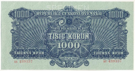 Csehszlovákia 1944. 1000K 'AA 439357', 'SPECIMEN (MINTA)' perforációval T:I- Czechoslovakia 1944. 1000 Korun 'AA 439357', with 'SPECIMEN' perforation C:AU Krause P#50s