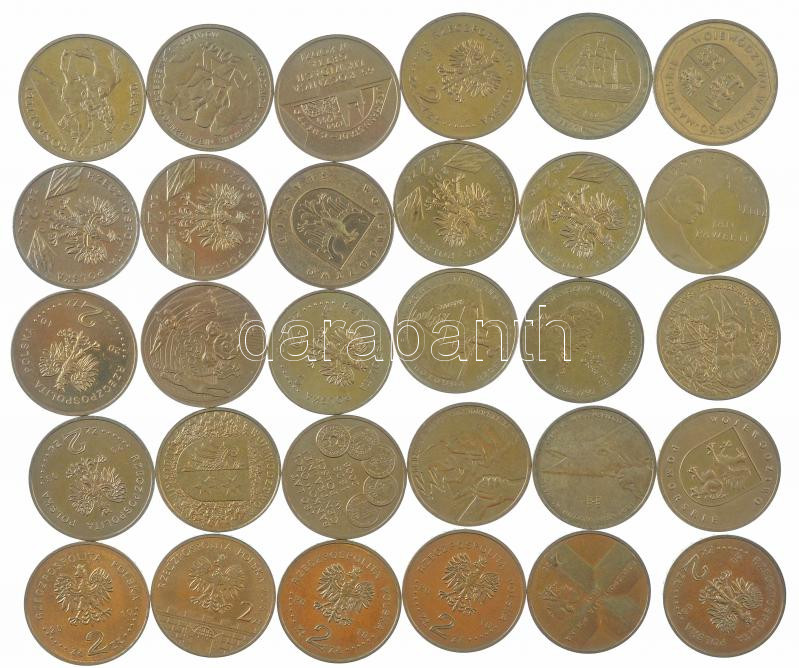 Lengyelország 2001-2012. 2Zl Cu-Zn-Al (30db forgalmi emlékérme, 28xklf) T:1-,2 Poland 2001-2012. 2 Złote Cu-Zn-Al (30pcs circulating commemorative coins, 28xdiff) C:AU,XF