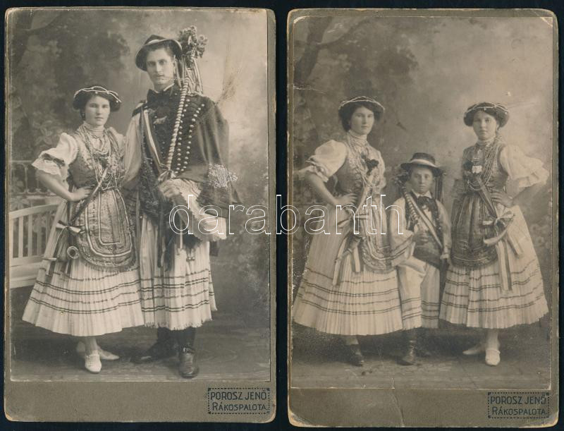 cca 1900 2 db rákospalotai fotó Porozs Jenő, magyar népviselettel, 10x16 cm Egyik sérült