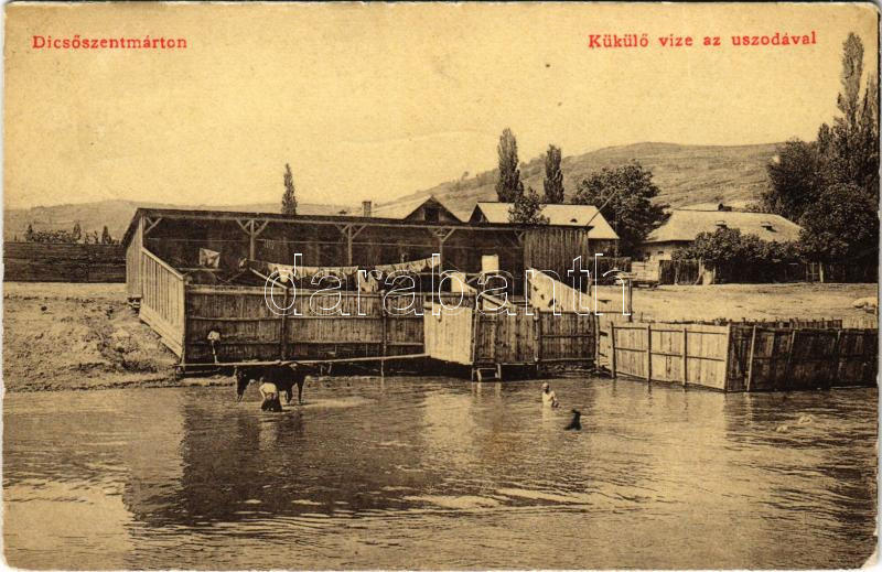 1914 Dicsőszentmárton, Tarnaveni, Diciosanmartin; Küküllő vize és uszoda. Dosztál Kálmán 'Erzsébet' könyvnyomda kiadása / Tarnava River, swimming pool
