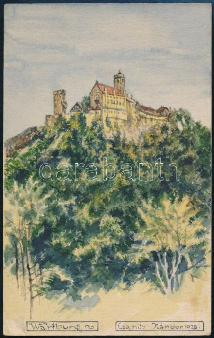 Csanits Nándor (?-?), működött a XX. sz. első felében: Wartburg vára. Akvarell, papír, 14x8,8 cm