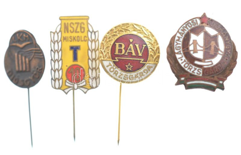~1965. 'BÁV' + 'Lágymányosi Dohánygyár' + 'NSZG Miskolc' zománcos törzsgárda jelvények (28mm,22x21mm,24x15mm) + 'LKM (Lenin Kohászati Művek Diósgyőr' bronz fokozatú jelvénye (18x16mm) T:1 kis zománchiba