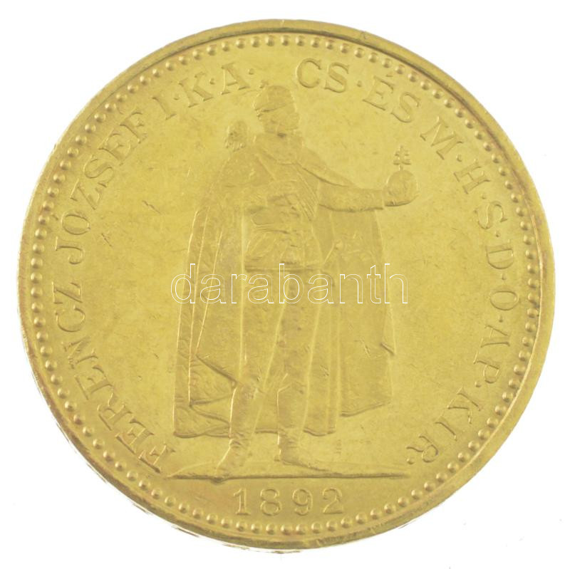 1892KB 20K Au 'Ferenc József' Körmöcbánya (6,77g/0.900) T:2 ph. Hungary 1892KB 20 Korona Au 'Franz Joseph' Kremnitz (6,77g/0.900) C:XF edge error Adamo K9, Krause KM#486