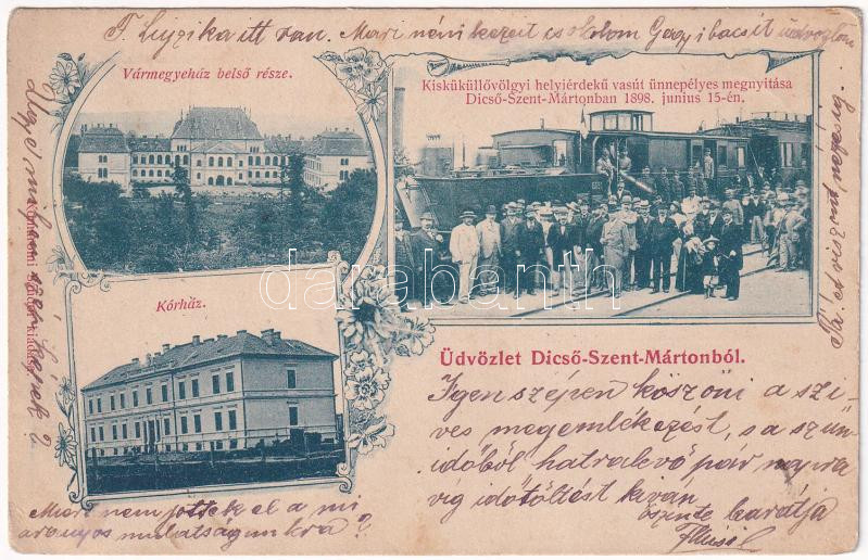 1899 (Vorläufer) Dicsőszentmárton, Tarnaveni, Diciosanmartin; Vármegyeház belső része, kórház, Kisküküllő-völgyi helyiérdekű vasútállomás ünnepélyes megnyitása 1898 június 15-én, vonat, gőzmozdony. Komáromi Sándor kiadása