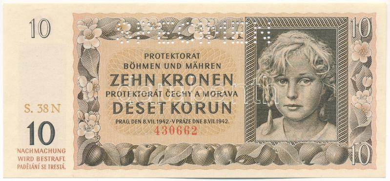 Német Harmadik Birodalom / Cseh-Morva Protektorátus 1942. 10K 'S.38 N 430662', 'SPECIMEN (MINTA)' perforációval T:I,I- German Third Reich / Protectorate of Bohemia and Moravia 1942. 10 Korun 'S.38 N 430662' with 'SPECIMEN' perforation