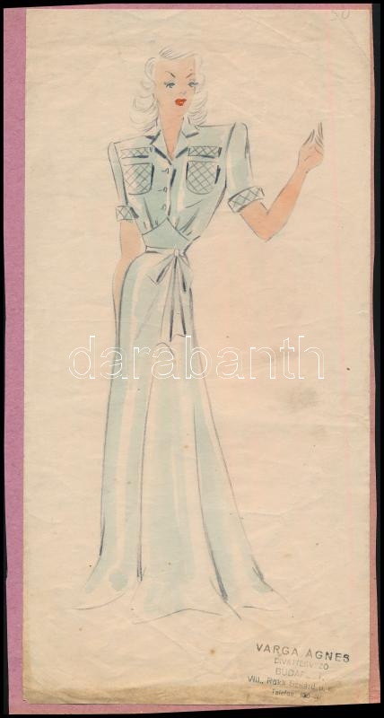 Varga Ágnes (cca 1940): Női ruha terve. Akvarell, pecséttel jelzett 29x14 cm