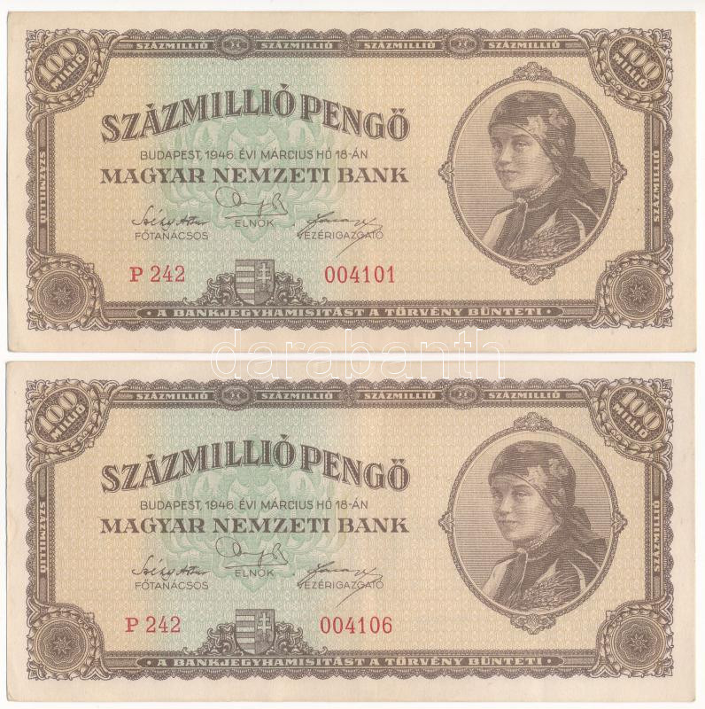 1946. 100.000.000P (2x) közeli sorszám 'P 242 004101, P 242 004106' T:III szép papír Adamo P27