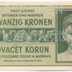 Német Harmadik Birodalom / Cseh-Morva Protektorátus 1944. 20K 'S.06 G 187683', 'SPECIMEN (MINTA)' perforációval T:I- apró szakadás German Third Reich / Protectorate of Bohemia and Moravia 1944. 20 Korun 'S.06 G 187683' with 'SPECIMEN'