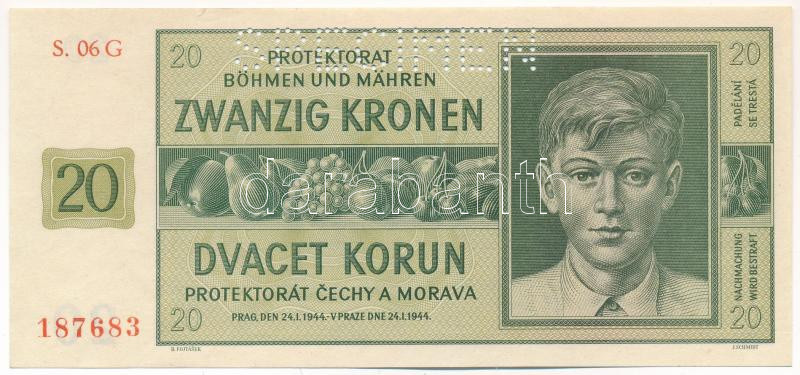 Német Harmadik Birodalom / Cseh-Morva Protektorátus 1944. 20K 'S.06 G 187683', 'SPECIMEN (MINTA)' perforációval T:I- apró szakadás German Third Reich / Protectorate of Bohemia and Moravia 1944. 20 Korun 'S.06 G 187683' with 'SPECIMEN'
