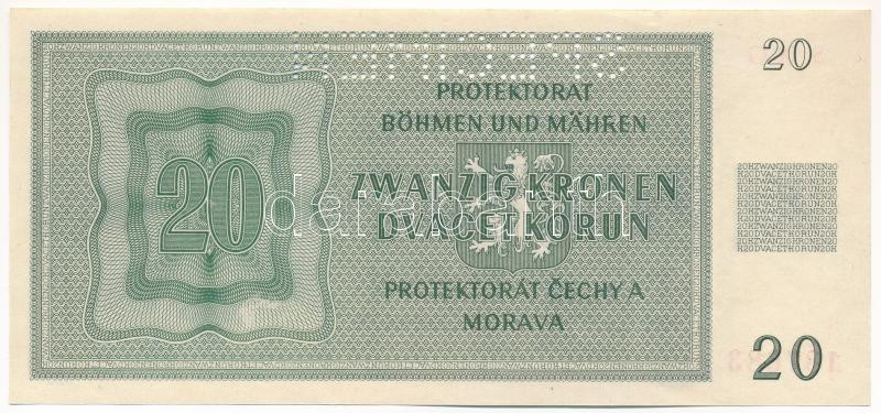 Német Harmadik Birodalom / Cseh-Morva Protektorátus 1944. 20K 'S.06 G 187683', 'SPECIMEN (MINTA)' perforációval T:I- apró szakadás German Third Reich / Protectorate of Bohemia and Moravia 1944. 20 Korun 'S.06 G 187683' with 'SPECIMEN' - Image 2