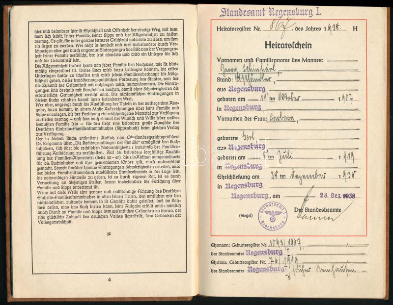 1938 Deutsches Einheits Familienstammbuch / Német Birodalmi család nyilvántartási könyv, bejegyzésekkel, bélyegzőkkel - Image 2