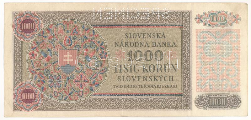 Szlovákia 1940. 1000K '4L3 550682', 'SPECIMEN (MINTA)' perforációval T:III kis szakadás Slovakia 1940. 1000 Korun '4L3 550682' with 'SPECIMEN' perforation C:F small tear Krause P#13s - Image 2